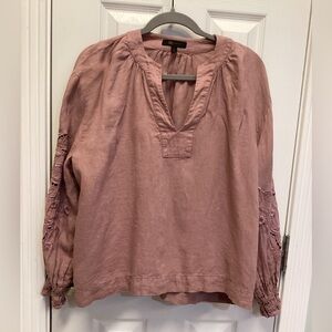 Frye SZ S Top Mauve Embroidered Sleeve Detail Linen Long Sleeve Poetic Blouse V